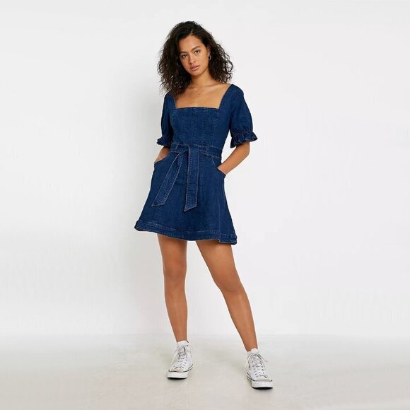 NWT Finders Keepers dark blue wash denim puff sleeve belted mini dress - Picture 4 of 12